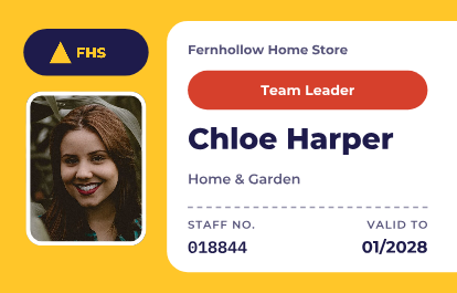 Shopfloor staff id, landscape front with example details