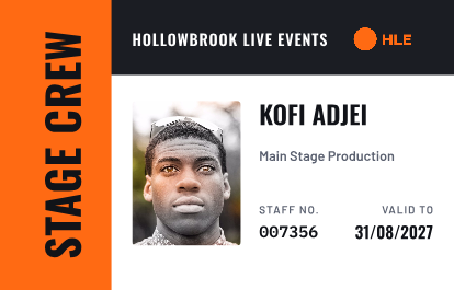Event Crew staff ID card, landscape front with example details