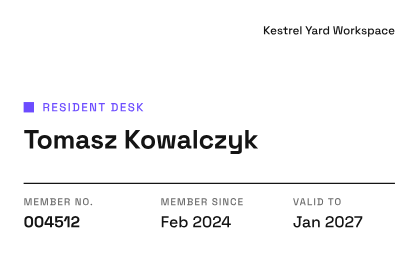 Workspace membership card, landscape front with example details